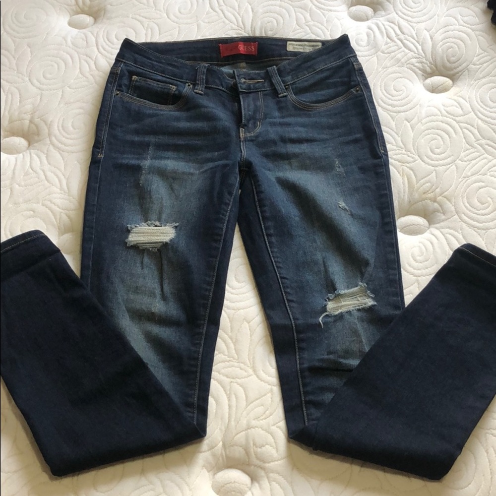 Guess Dark Blue Destroyed Medium Rise Skinny Jeans
